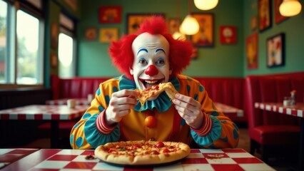 Clown enjoying a pizza in a pizzeria, celebrating april fools' day with a funny and cheerful attitude.advertising of pizzeria and fast food. banner, postcard for cafe