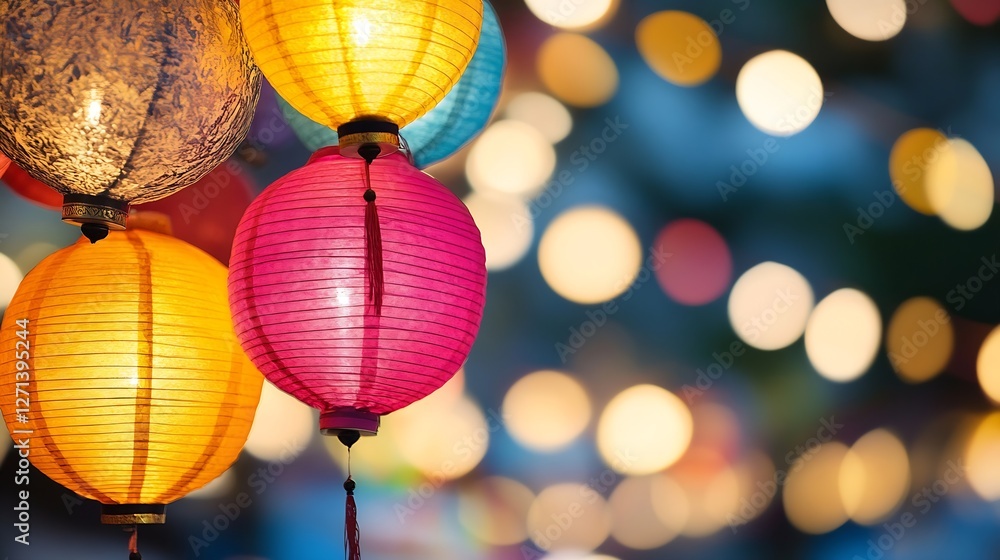 Poster vibrant paper lanterns in assorted colors creating a festive and joyful atmosphere for celebrations 