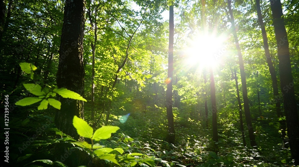 Poster Sunlight Streaming Through the Dense Forest Canopy Illuminating Fresh Green Foliage : Generative AI