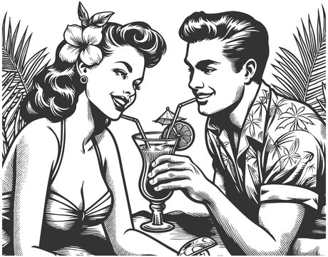 Couple Enjoying Tropical Cocktails engraving raste