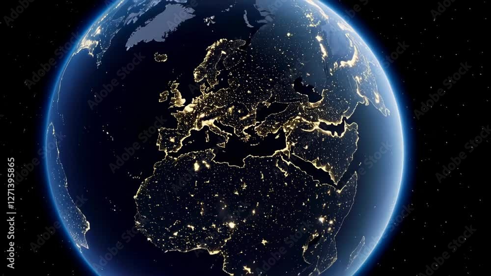Poster Planet earth slowly rotates in space showing city lights at night, creating a stunning visual representation of human activity and global interconnectedness
