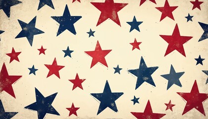 Vintage patriotic distressed USA background. Red and blue star shapes pattern on grunge texture. American flag star and stripes design for 4th of July, Independence Day. Retro US history concept.