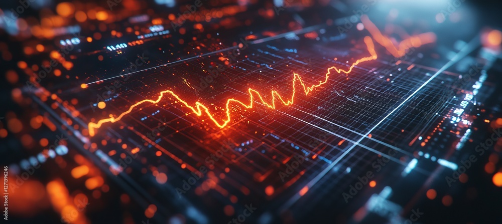 Poster glowing red ekg line chart with heartbeat pulse, futuristic data visualization concept