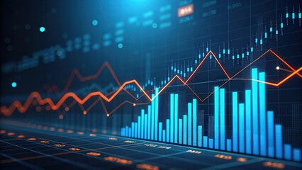 Fototapeta premium A vibrant digital display of financial data, featuring bar graphs and line charts, illustrating trends and analytics in a high-tech environment.