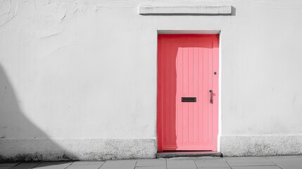 Vibrant salmon door set against a stark white textured facade backdrop