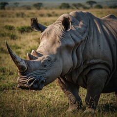 Fototapeta premium rhino in the wild White Rhinoceros Standing in a Field of Grass Rhinoceros close view in jungle Close Up of a Rhinoceros in a Field