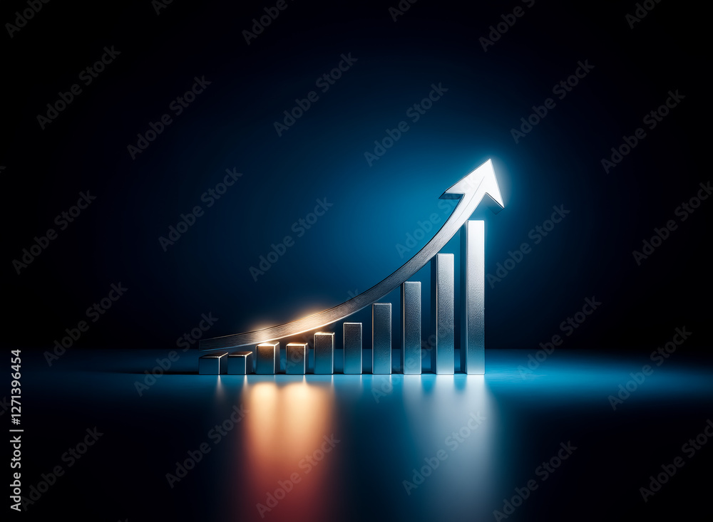 Poster silver bar chart with an upward-pointing arrow on a dark blue background, illuminated to highlight g