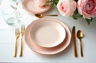 Beautiful table setting with golden cutlery, pink peony flowers. Pink plates, glasses, cutlery, mock up. Stylish dish for holiday, wedding, spring, invitation, greeting card. Feminine birthday