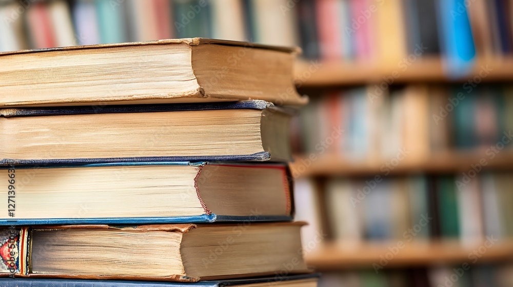 Poster stacked vintage books on a wooden surface with a blurred library background for literary enthusiasts