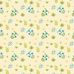 Playful Cartoon Fox Pattern with Crowns, Leaves, and Flowers