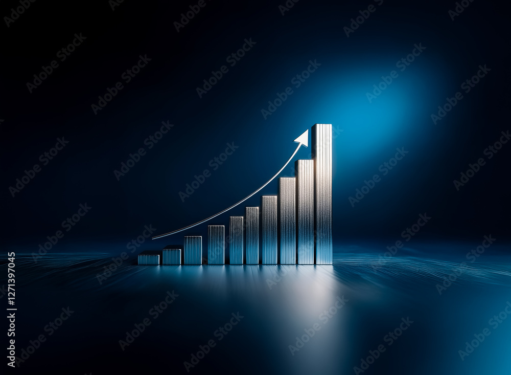 Poster a metallic bar chart with an arrow pointing upwards against a dark blue background. the chart is ref