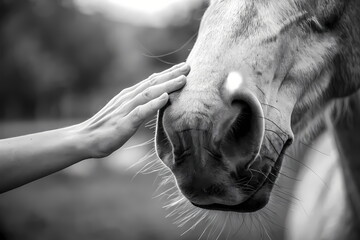 Woman gently caressing the muzzle of white horse in black and white