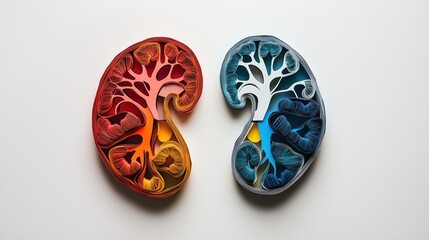 a pair of colorful paper cutouts resembling human figures, a realistic close-up on a white background