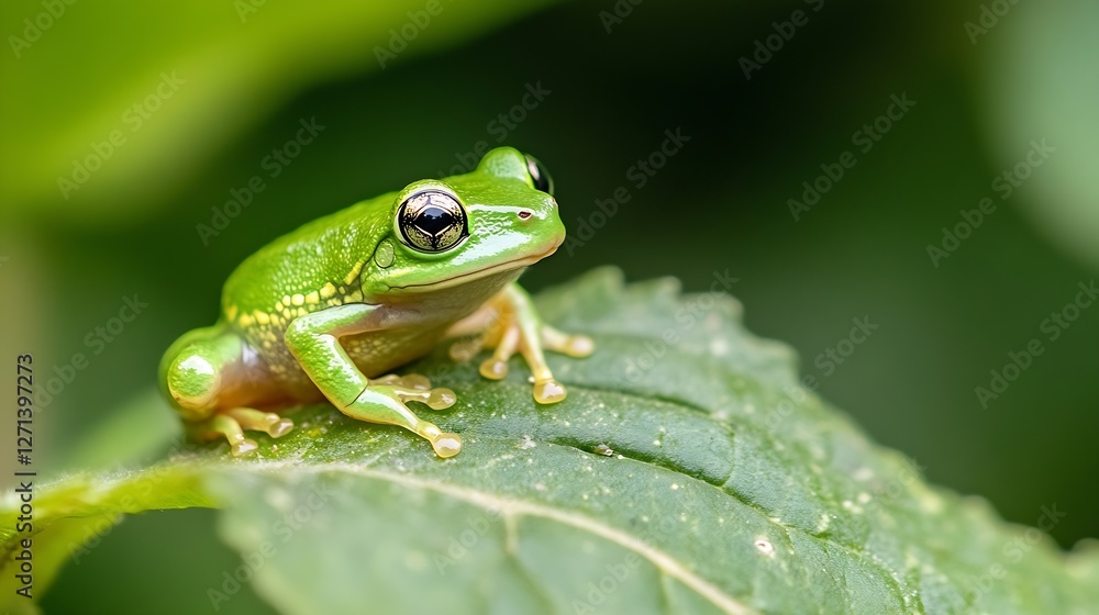 Poster Closeup of a vibrant green tree frog relaxing on a leaf showcasing its unique features and colors in nature : Generative AI