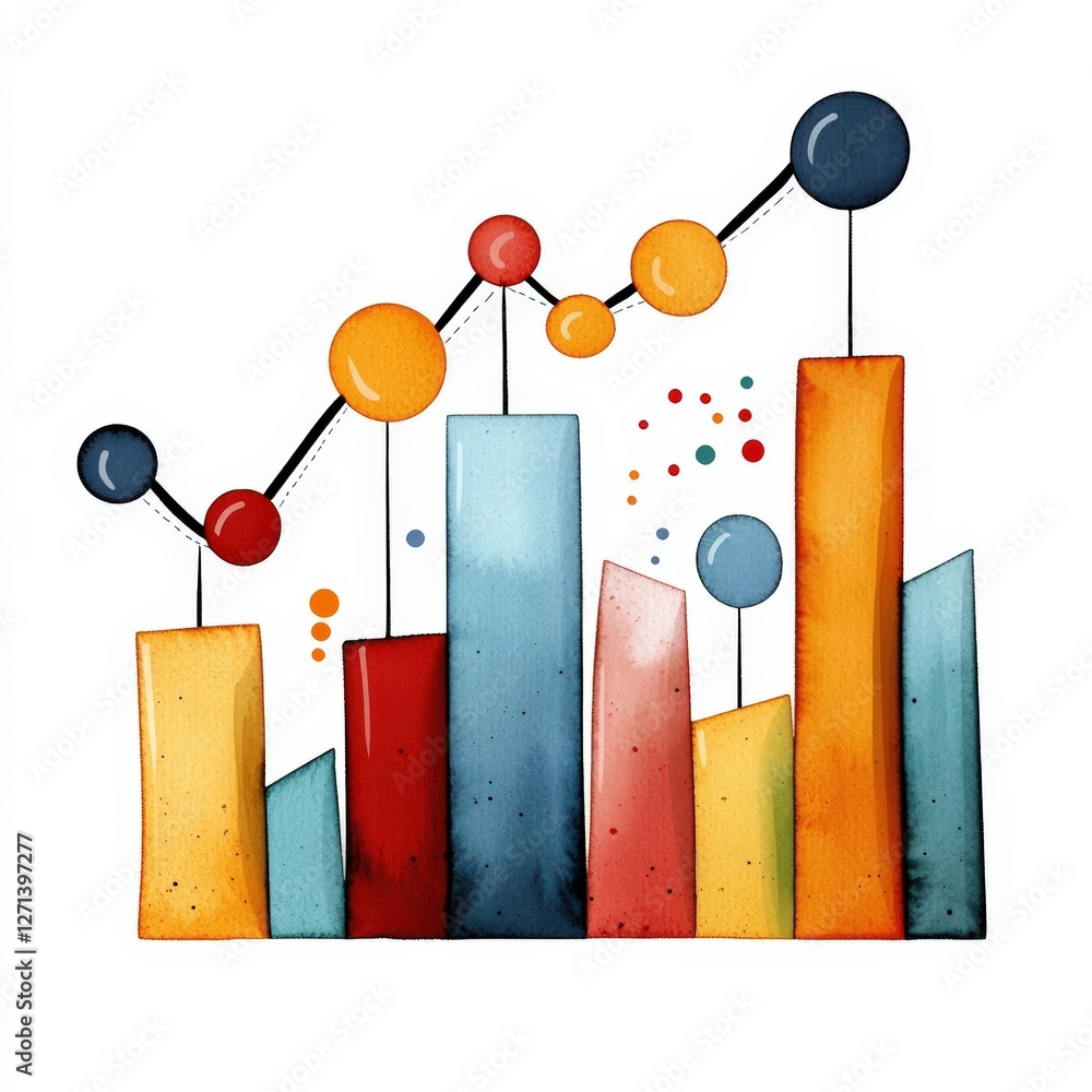Poster a vibrant and artistic illustration of colorful bar graphs representing data trends and analytics, p