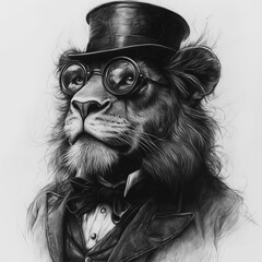 Cute Old School Style Lion in a dapper hat, sepia, gangster vibe, peaky blinders