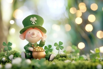 Fototapeta premium Whimsical irish leprechaun figurine with pot of gold in enchanting fairy tale forest scene