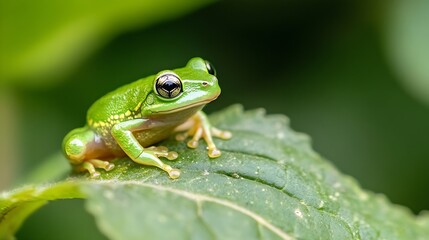 Naklejka premium Closeup of a vibrant green tree frog relaxing on a leaf showcasing its unique features and colors in nature : Generative AI