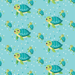 Playful Cartoon Sea Turtles on Light Blue Background with Decorative Dots