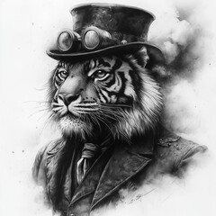Cute Old School Style Tiger in a dapper hat, sepia, gangster vibe, peaky blinders