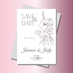 Line Art Spring flowers Wedding Invitation template, Outline Flowers Minimalist Wedding Design, Spring Wedding invite template