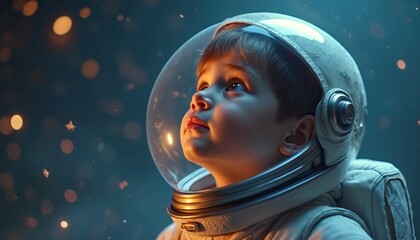 Little boy dressed as astronaut wearing helmet looks up to stars. Child in space suit dreams of future cosmic travel. Kid imagines himself spaceship pilot in galaxy exploration.
