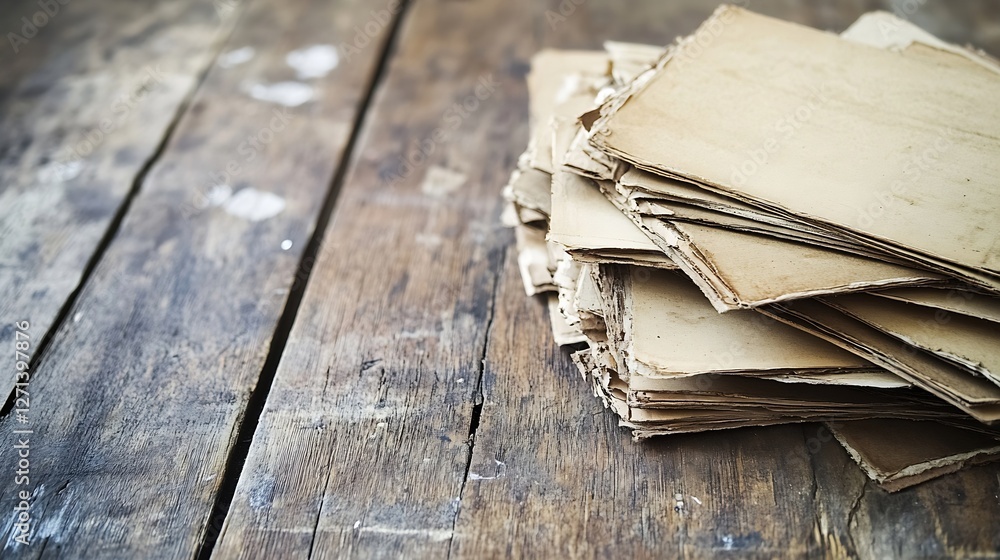 Aufkleber Neatly stacked old paper sheets resting on a weathered wooden table with rustic charm : Generative AI