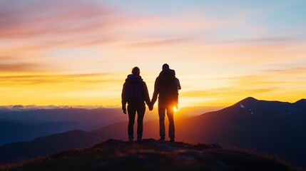 Fototapeta premium Silhouette of a Couple Holding Hands Against a Stunning Sunset Over Mountainous Landscape : Generative AI