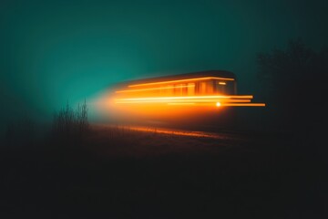 Glowing train speeding misty night with motion blur