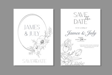 Line Art Spring flowers Wedding Invitation template, Outline Flowers Minimalist Wedding Design, Spring Wedding invite template