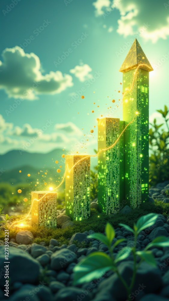 Aufkleber this image features an upward-trending digital graph with vibrant green data points set against a ro