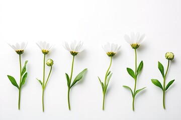Fototapeta premium Daisy Life Cycle: From Bud to Bloom - A Stunning Photographic Journey Through Nature's Exquisite Transformation. Witness the captivating stages of growth, from tightly furled bud to vibrant, fully 