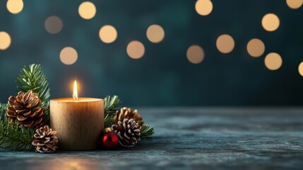 Lit Candle with Pine Cones and Evergreen Sprigs on Teal Background