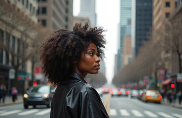 Black woman gazes thoughtfully on city street lined with tall buildings, urban life. Portrait captures pensive mood, confidence, beauty. Urban woman in leather jacket surrounded by blurred traffic,