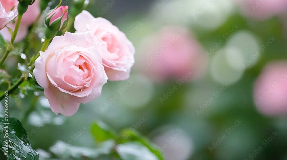Poster beautiful close up of soft pink roses with water droplets in a lush green garden setting : generativ