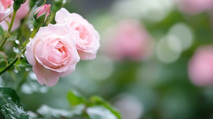 Beautiful close up of soft pink roses with water droplets in a lush green garden setting : Generative AI