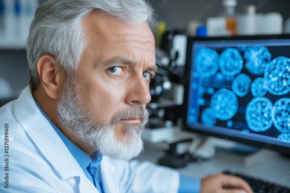 Poster A scientist in a research lab examining statistical data collected from an experiment