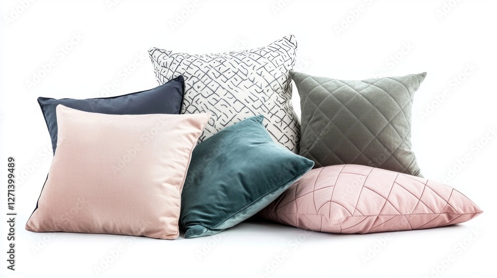Poster a collection of plush pillows in various shapes and textures rests beautifully on a white background