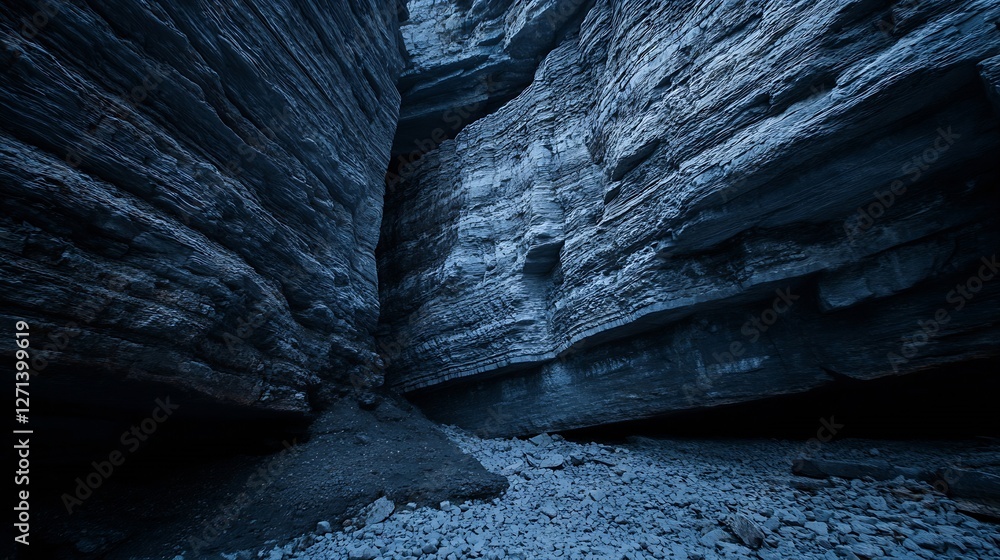 Poster dramatic view of rough rocky canyon walls with soft blue tones creating an atmospheric landscape : g