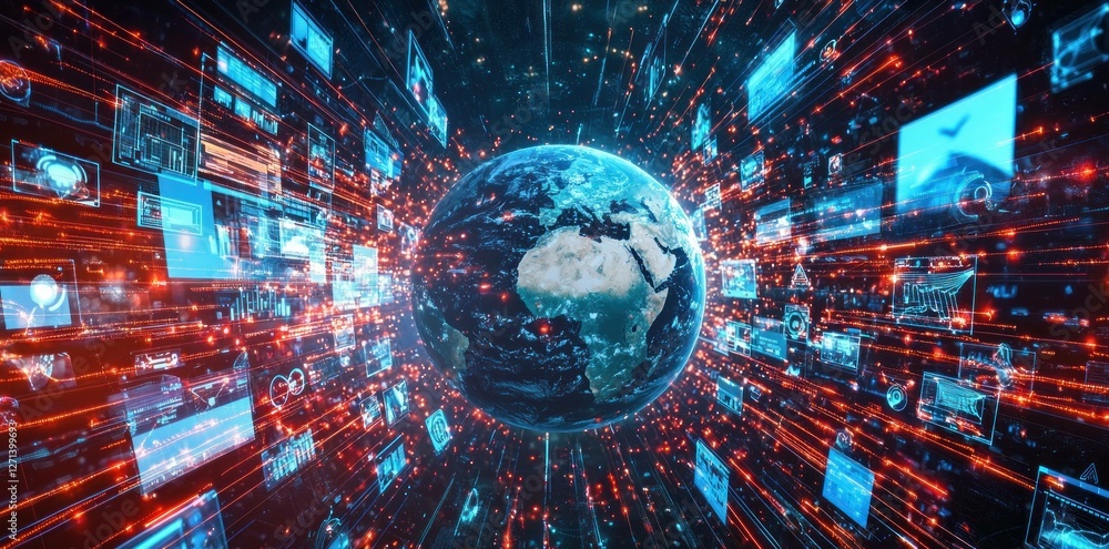 Poster digital technology concept showcasing a vibrant globe surrounded by data streams, symbolizing global