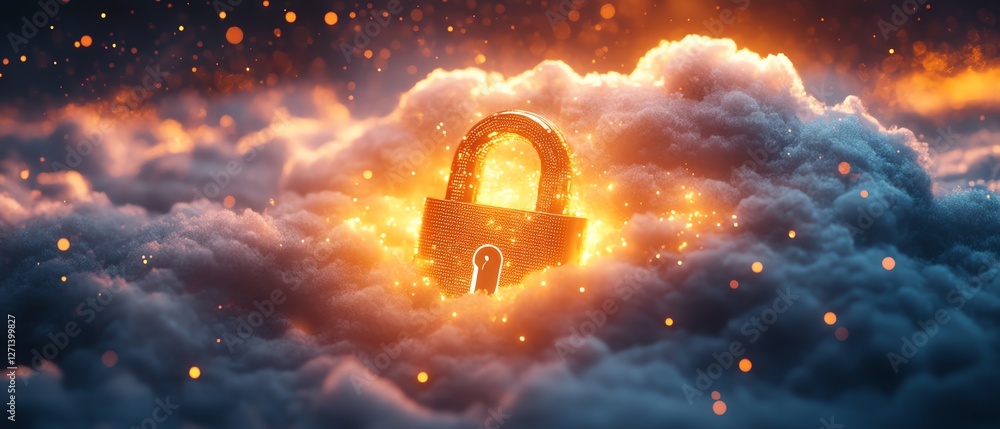 Poster a closeup of a shiny golden lock resting on a soft white cloud, with glowing data encryption symbols