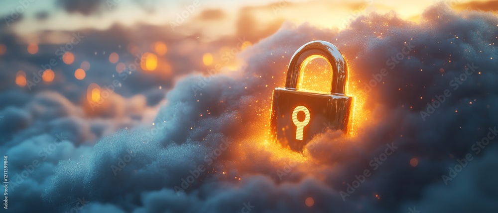 Poster a closeup of a shiny golden lock resting on a soft white cloud, with glowing data encryption symbols