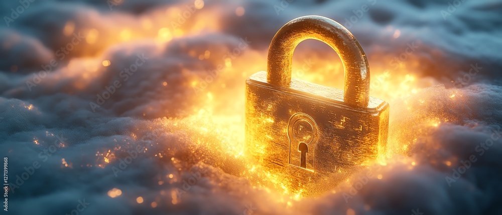 Poster a closeup of a shiny golden lock resting on a soft white cloud, with glowing data encryption symbols