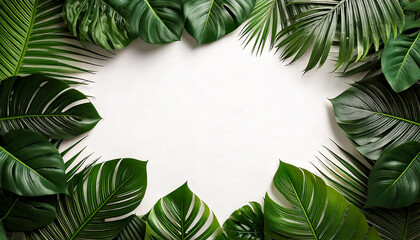 Lush Green Tropical Leaves Frame Against a Minimalist White Background