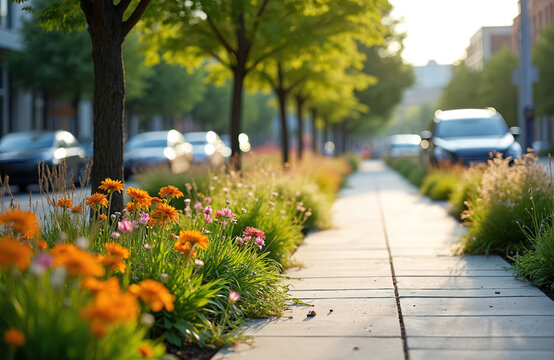 Urban streetscape features rain gardens along sidewalks, designed for stormwater runoff manage. Flowers and trees planted on streets of city, modern architecture, eco design of town, urban plants.