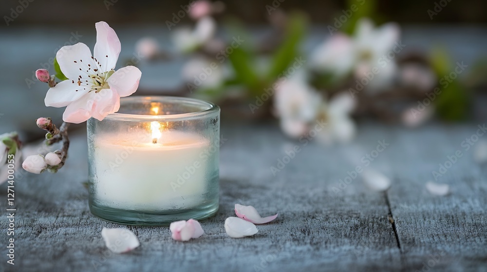Poster beautiful decorative candle surrounded by delicate flower petals on a rustic table : generative ai