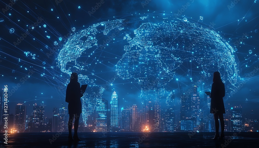 Poster a global network connection with diverse business professionals interacting through digital devices,