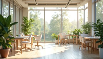 Bright sunlit eco office space with plants. Modern interior with big windows, plants. Work desks, chairs, nature view outside. Sustainable business, fresh workplace, productive environment, biophilic