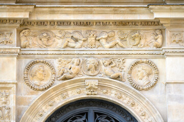 Stone carvings decoration. Architectural features of the medieval Seville Cathedral, Spain. Part of...