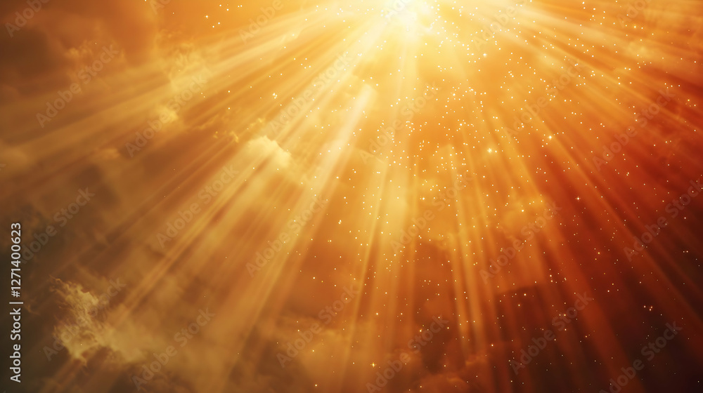 Poster golden rays of sunlight streaming through clouds, creating a warm and ethereal atmosphere